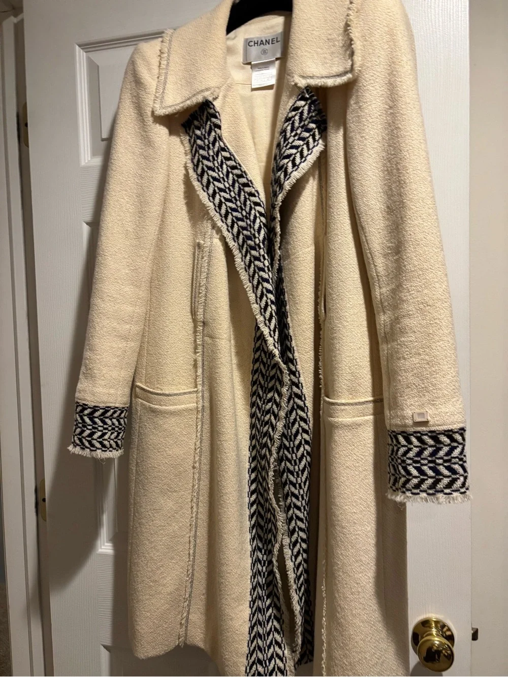 Beautiful Vintage CHANEL Cream Bouclé Coat Herringbone Trim